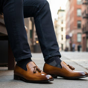 model-sitting-bench - Men's Brown Leather Moccasin Loafers