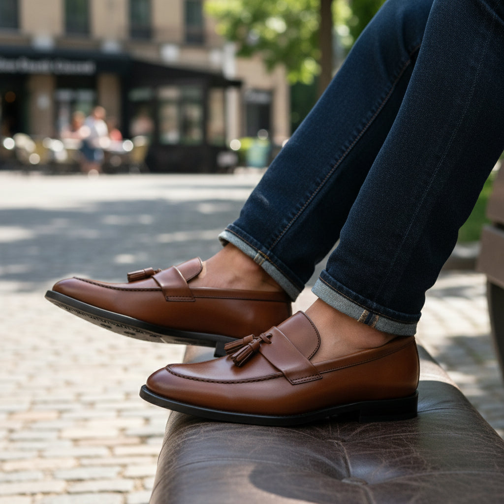 model-sitting-bench - Men's Brown Leather Moccasin Loafers