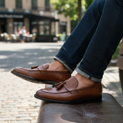 model-sitting-bench - Men's Brown Leather Moccasin Loafers
