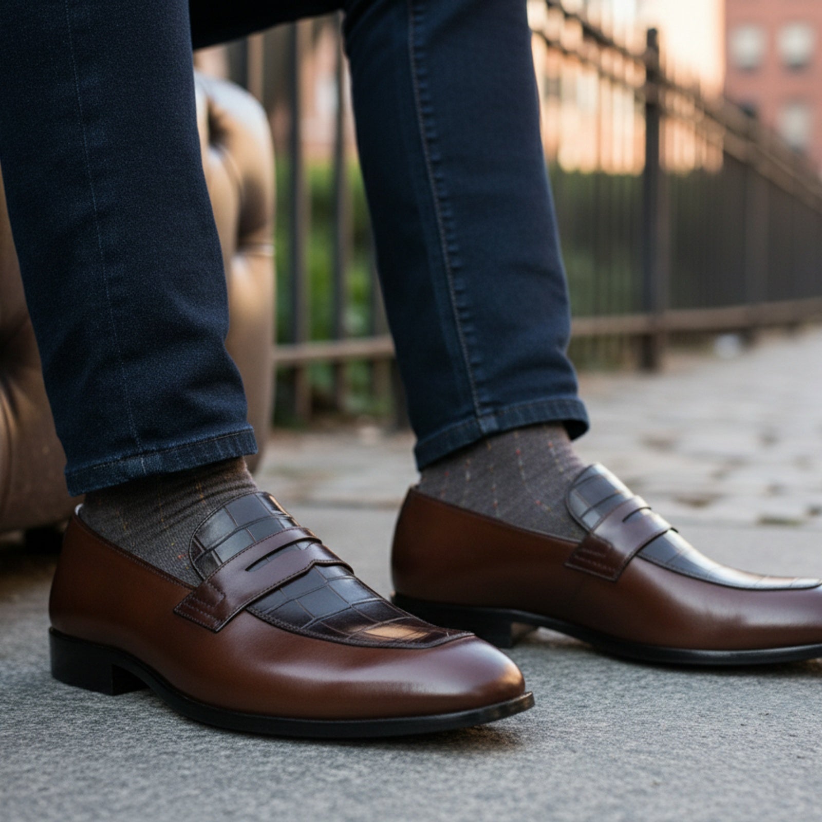 model-sitting-bench - Men's Brown Leather Moccasins with Crocodile Embossing