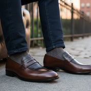 model-sitting-bench - Men's Brown Leather Moccasins with Crocodile Embossing