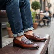 Men's Brown Leather Moccasins with Crocodile Texture - model-sitting-bench