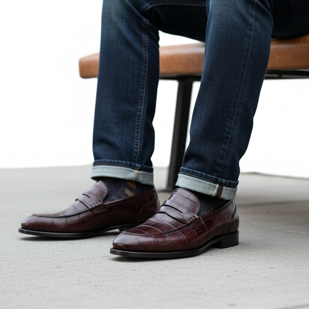 model-sitting-bench - Men's Brown Leather Moccasins
