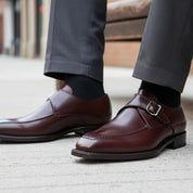 model-sitting-bench - Men's Brown Leather Monk Shoes