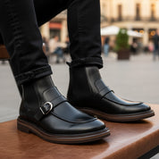 model-sitting-bench - Men's Brown Leather Monk Strap Boots