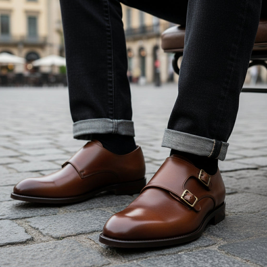 model-sitting-bench - Men's Brown Leather Monk Strap Dress Shoes