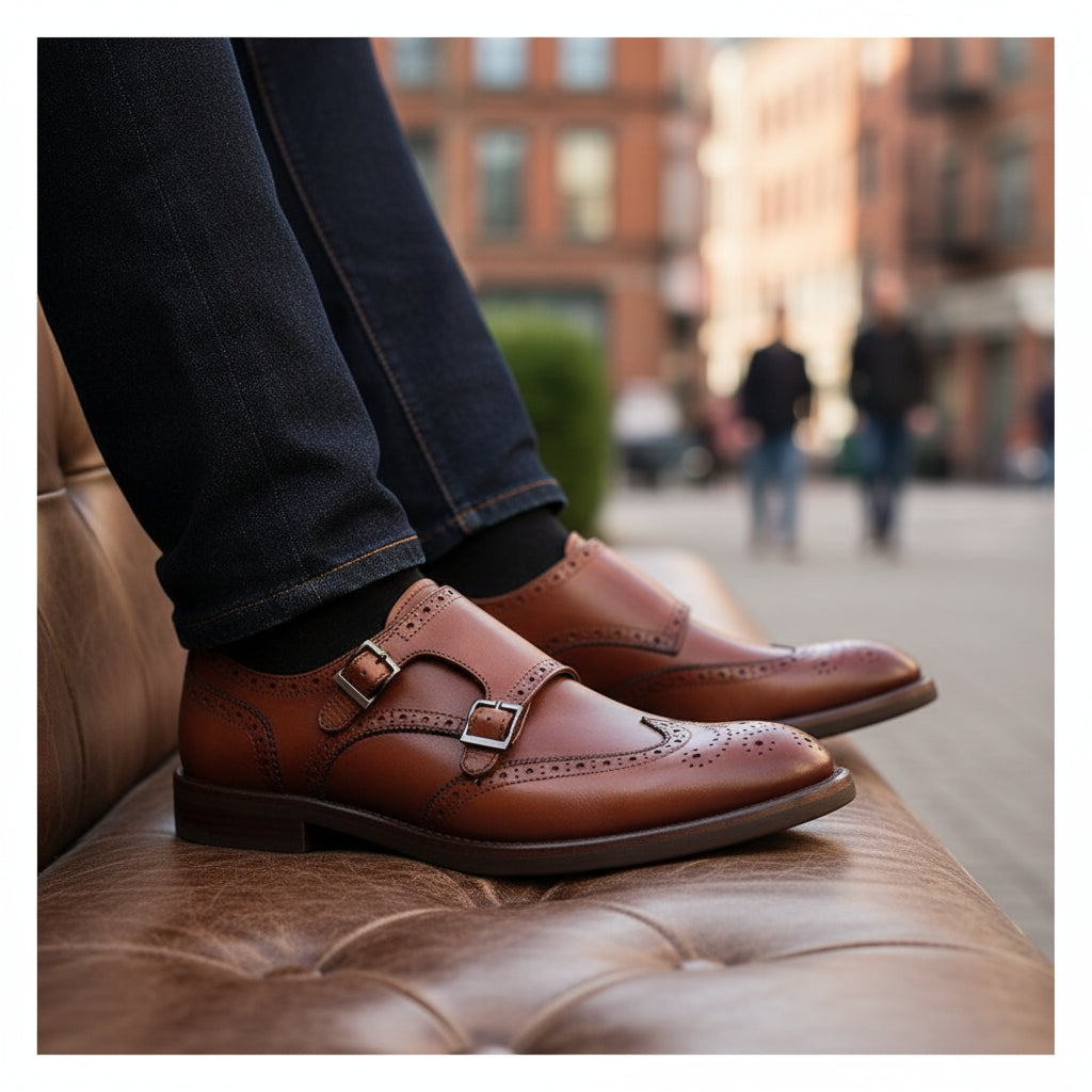 model-sitting-bench - Men's Brown Leather Monk Strap Shoes