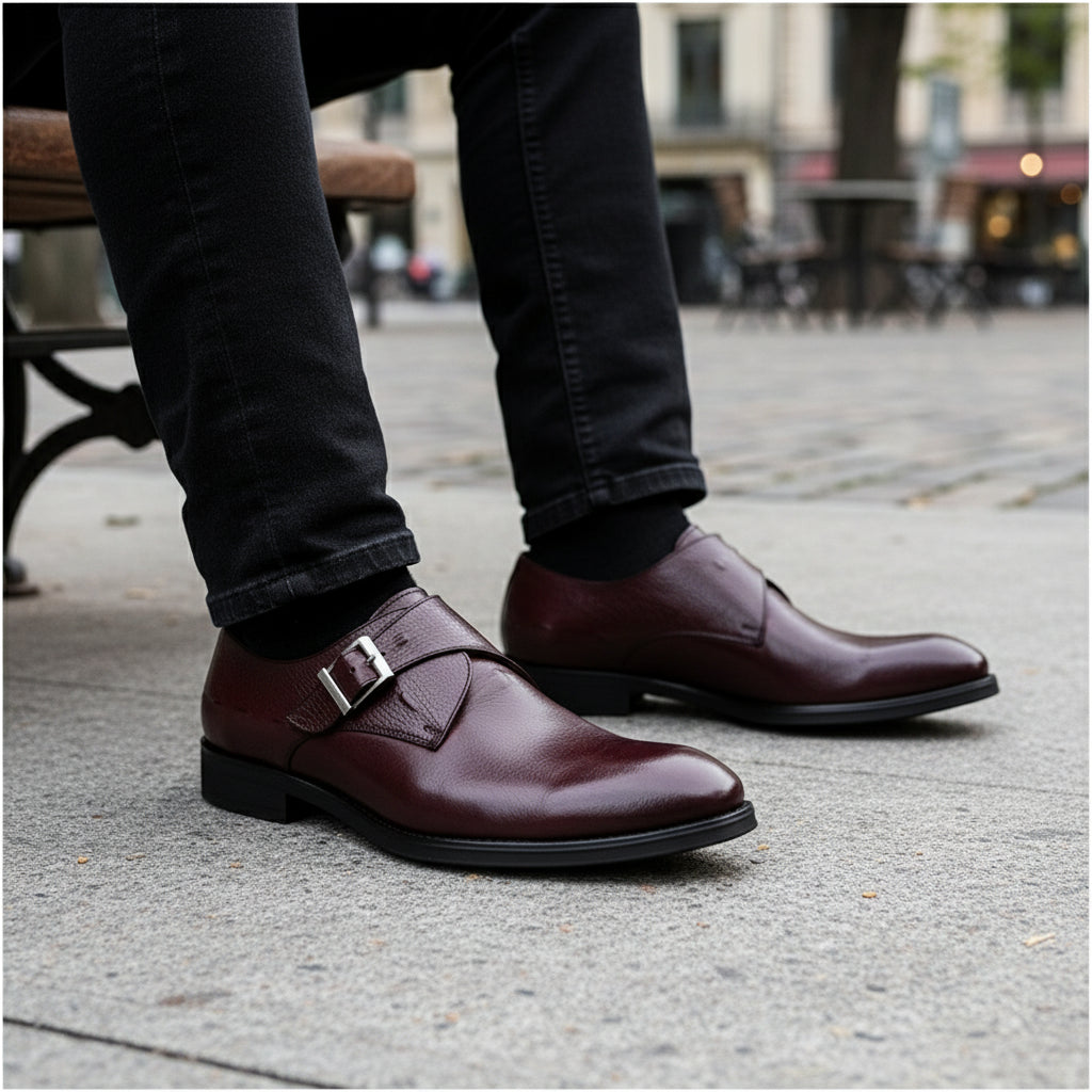 model-sitting-bench - Men's Brown Leather Monk Strap Shoes
