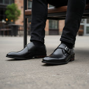 model-sitting-bench - Men's Brown Leather Monk Strap Shoes