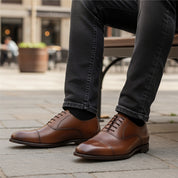 model-sitting-bench - Men's Brown Leather Oxford Dress Shoes with Lace-Up