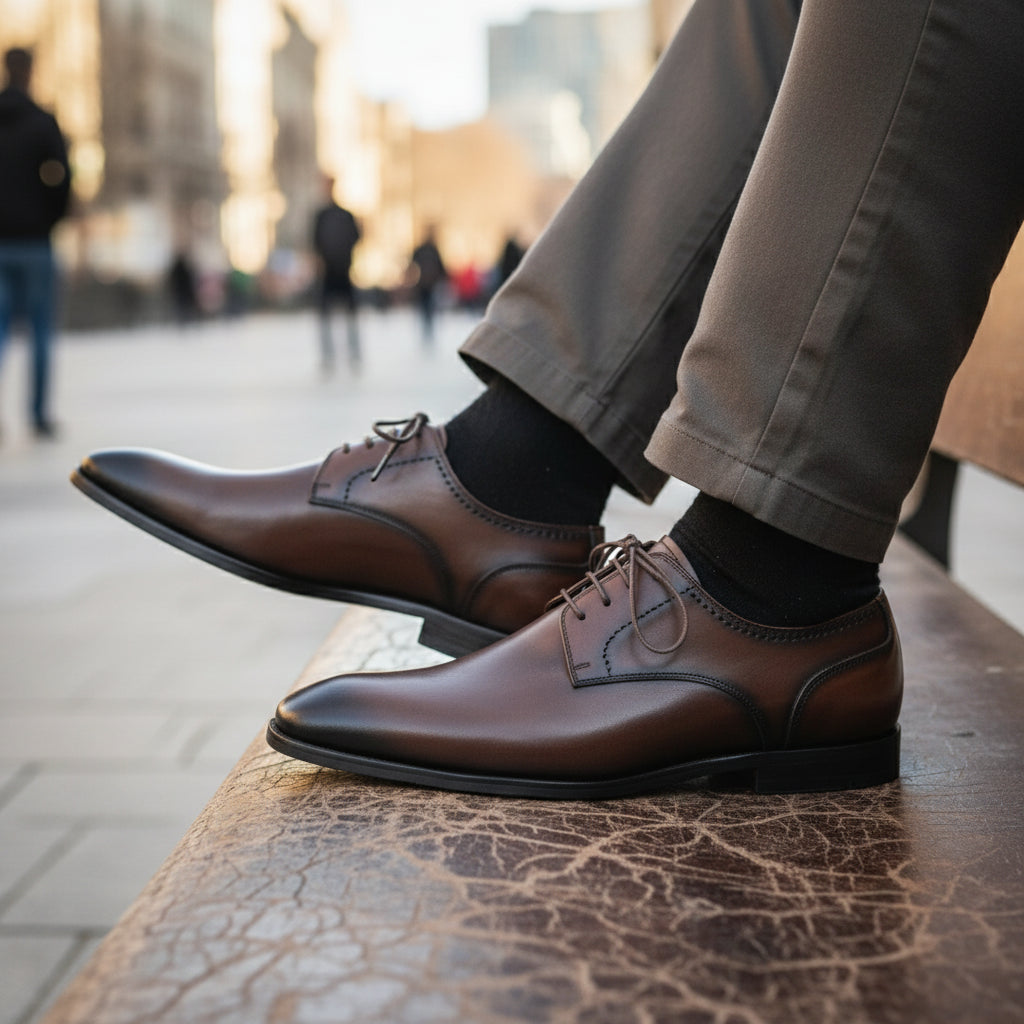 model-sitting-bench - Men's Brown Leather Oxford Dress Shoes
