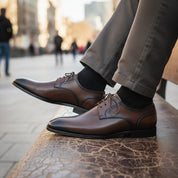 model-sitting-bench - Men's Brown Leather Oxford Dress Shoes
