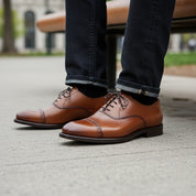 model-sitting-bench - Men's Brown Leather Oxford Dress Shoes