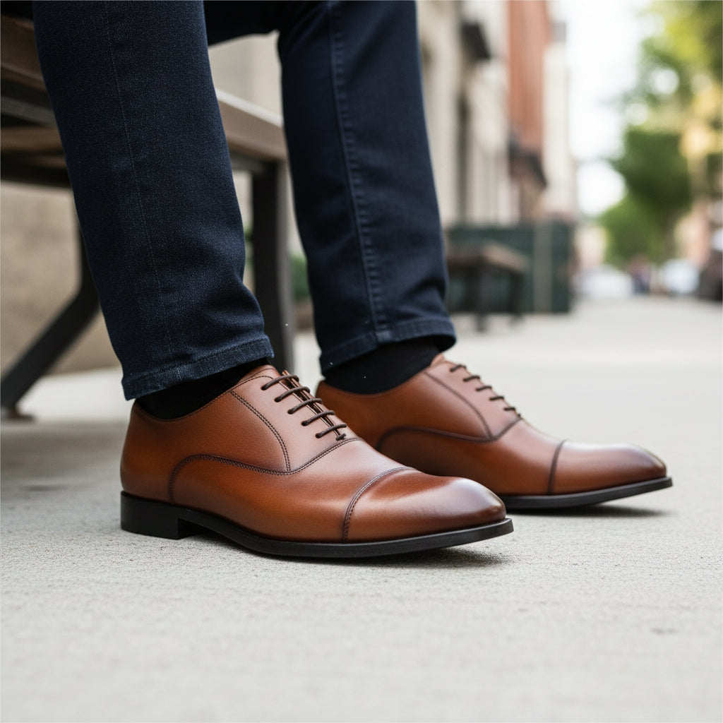 model-sitting-bench - Men's Brown Leather Oxford Dress Shoes
