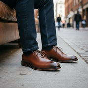 model-sitting-bench - Men's Brown Leather Oxford Dress Shoes