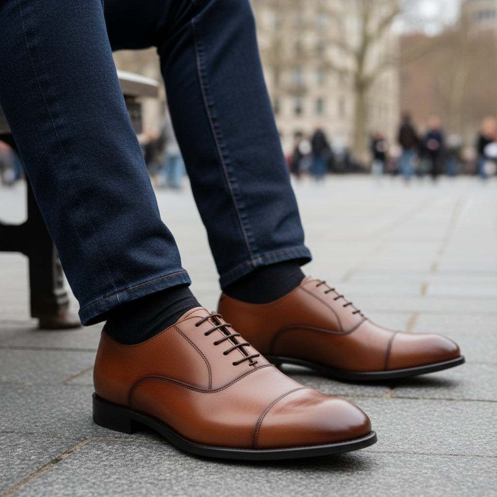 model-sitting-bench - Men's Brown Leather Oxford Dress Shoes