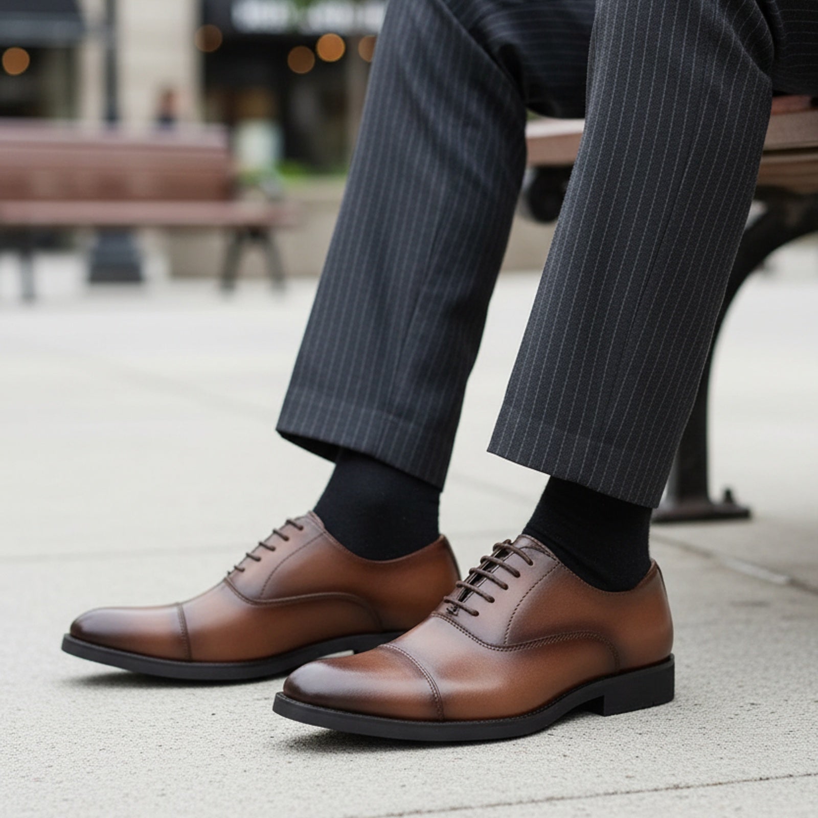model-sitting-bench - Men's Brown Leather Oxford Dress Shoes