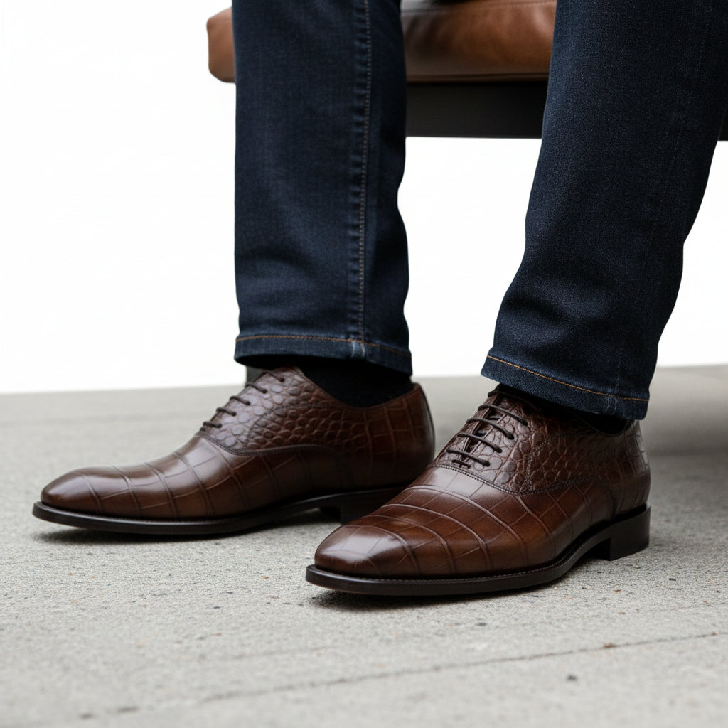 model-sitting-bench - Men's Brown Leather Oxford Shoes