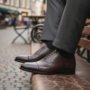 model-sitting-bench - Men's Brown Leather Oxford Shoes