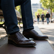 model-sitting-bench - Men's Brown Leather Oxford Shoes