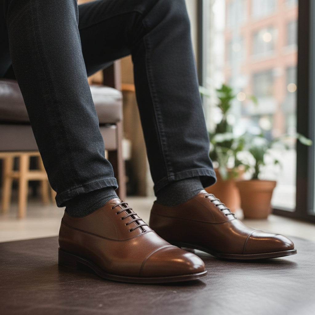 Men's Brown Leather Oxford Shoes - model-sitting-bench
