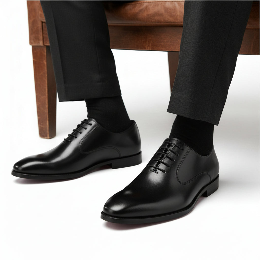 model-sitting-bench - Men's Brown Leather Oxford Shoes