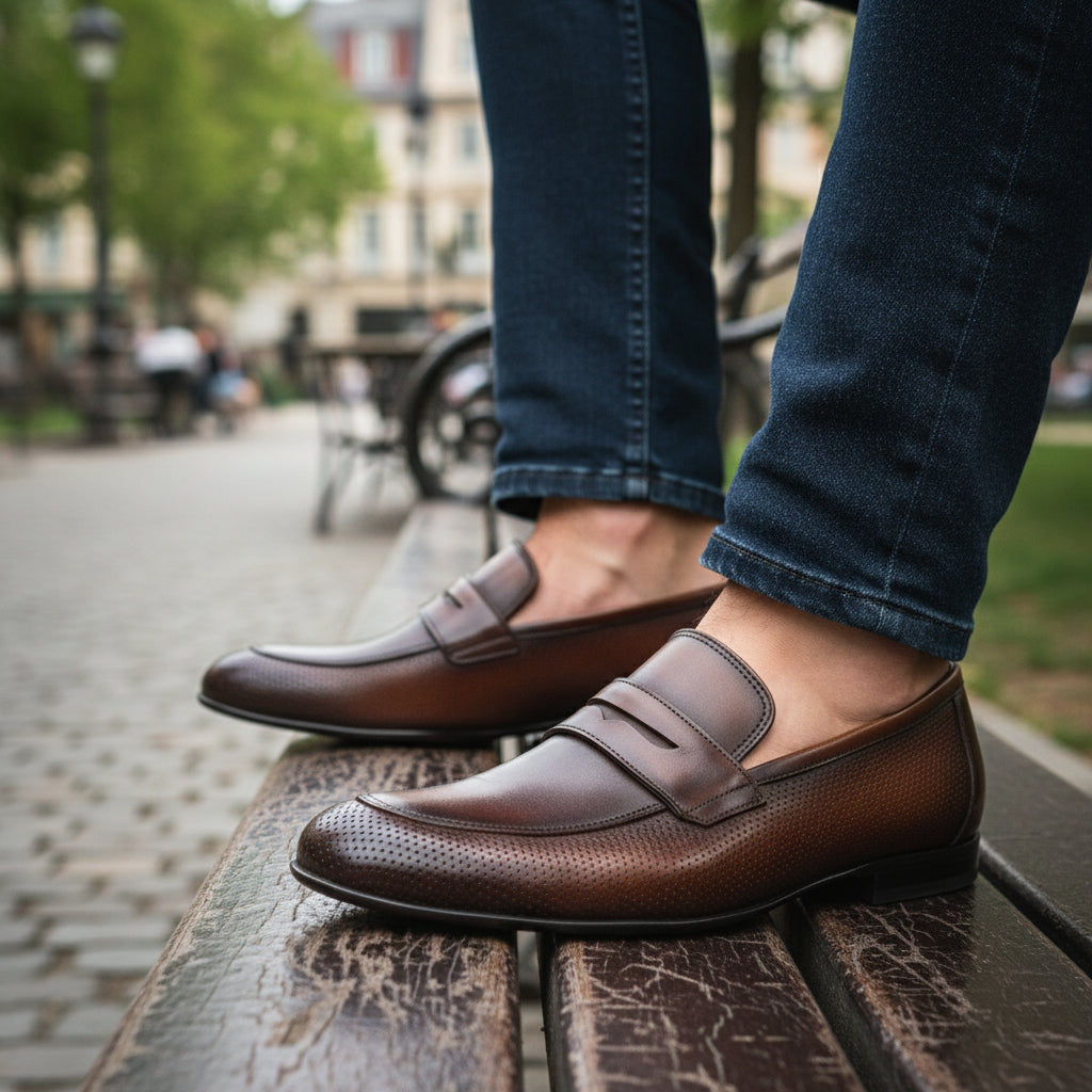 model-sitting-bench - Men's Brown Leather Penny Loafer Shoes