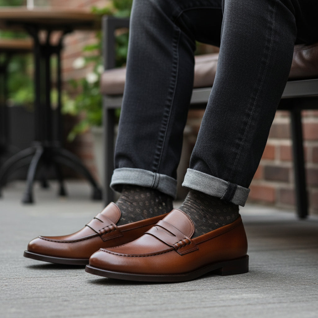 model-sitting-bench - Men's Brown Leather Slip-on Dress Shoes