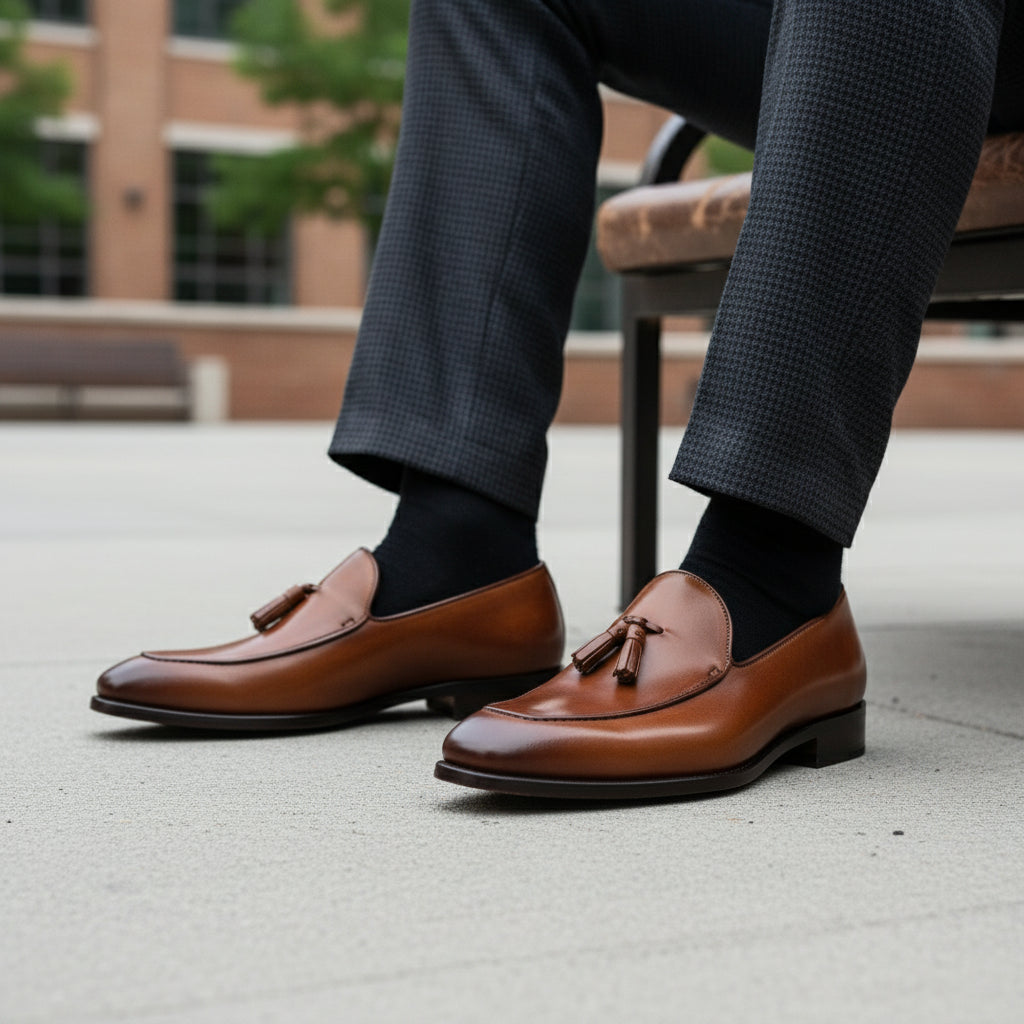 model-sitting-bench - Men's Brown Leather Slip-On Formal Dress Shoes