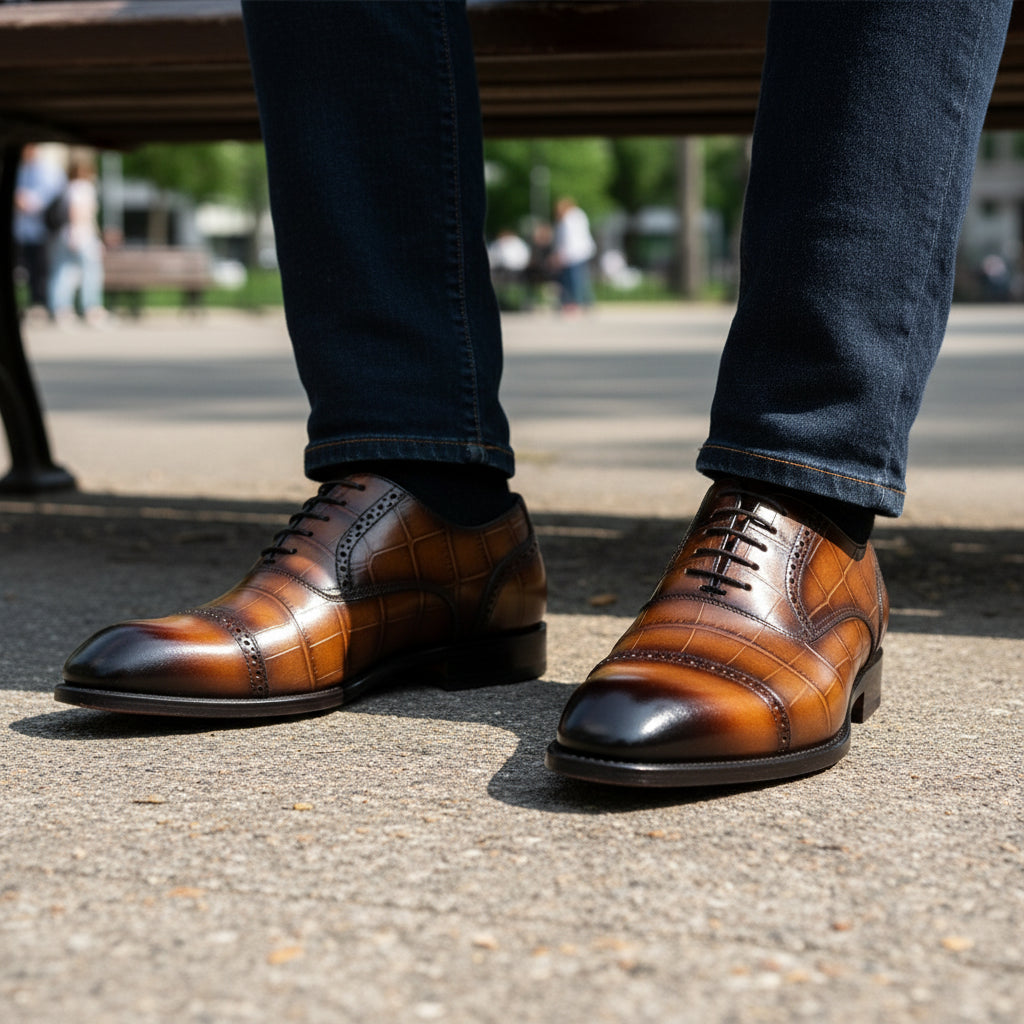 model-sitting-bench - Men's Brown Leather Square Toe Dress Shoes