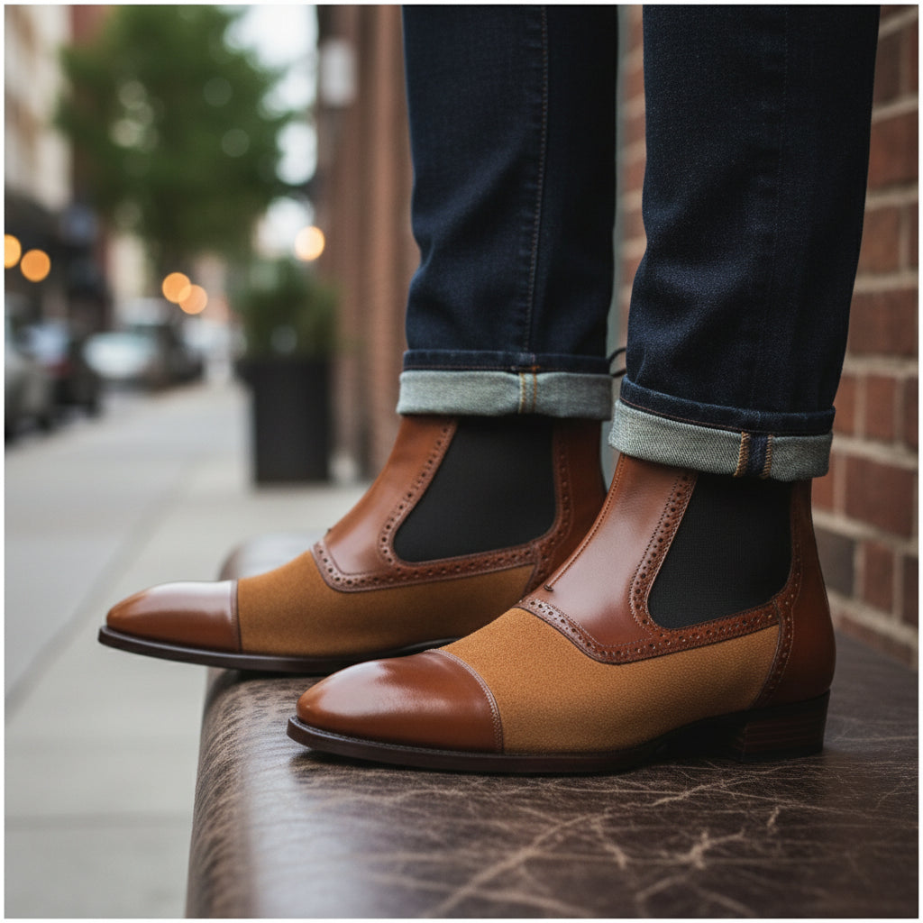 Men's Brown Leather & Suede Chelsea Boots - model-sitting-bench