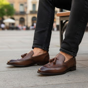 model-sitting-bench - Men's Brown Leather Tassel Loafers