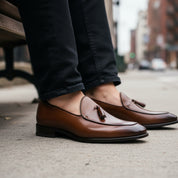 model-sitting-bench - Men's Brown Leather Tassel Loafers