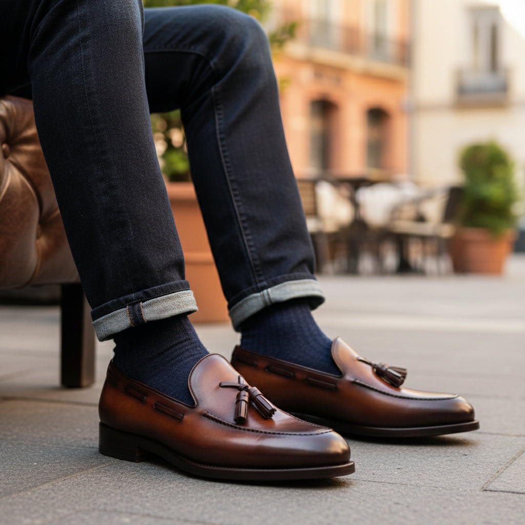 model-sitting-bench - Men's Brown Leather Tassel Loafers