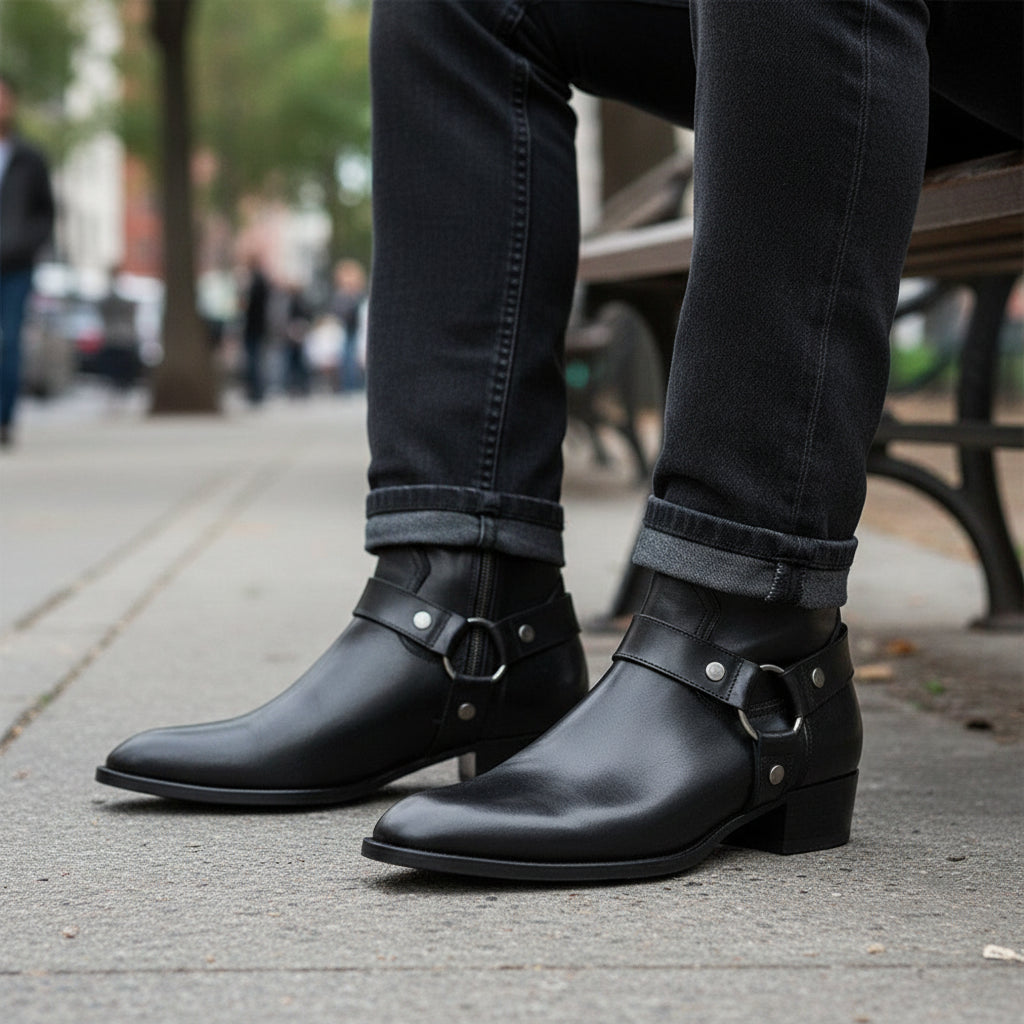 model-sitting-bench - Men's Brown Leather Western Style Boots