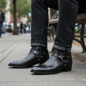 model-sitting-bench - Men's Brown Leather Western Style Boots