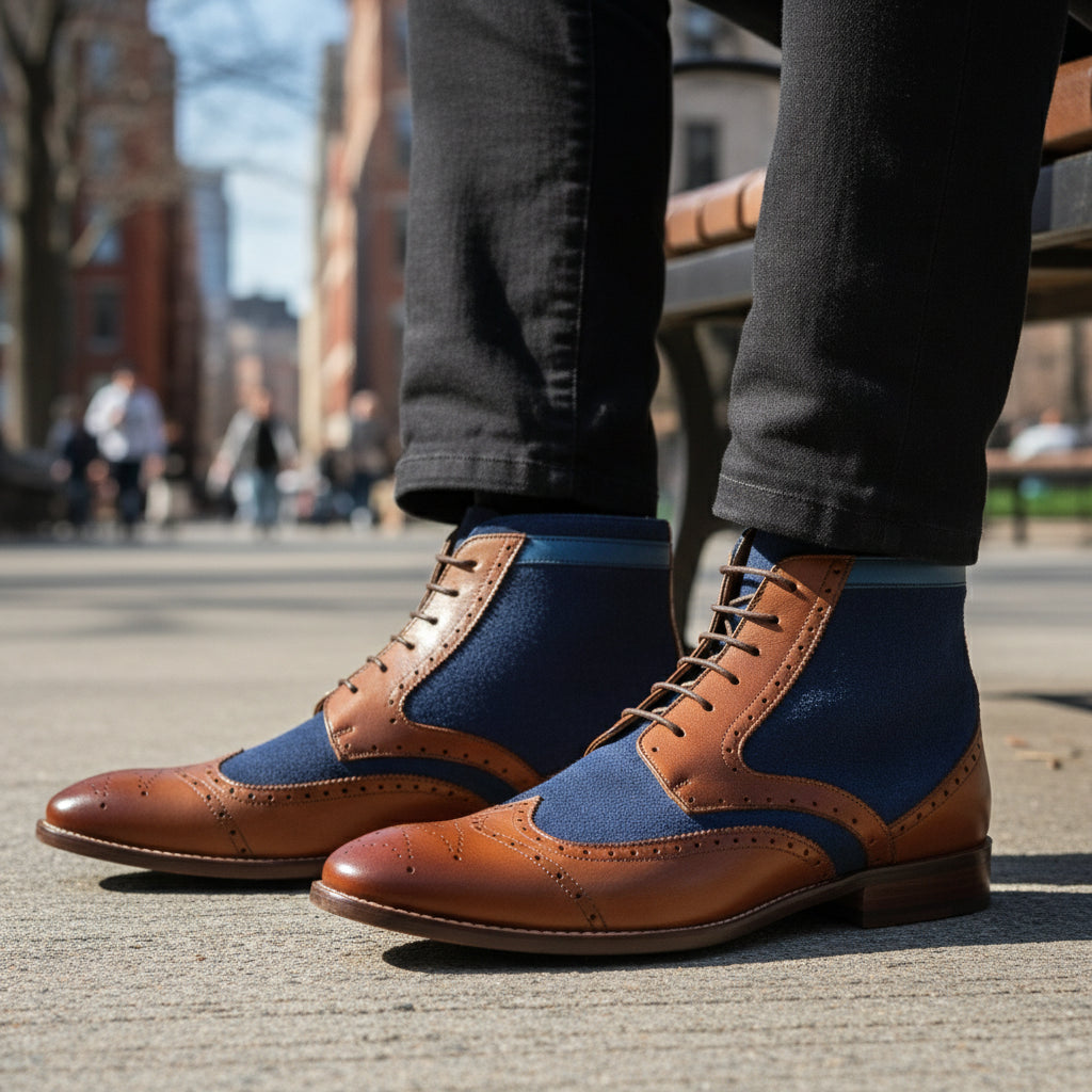 model-sitting-bench - Men's Brown Leather Wingtip Brogue Ankle Boots