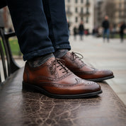 model-sitting-bench - Men's Brown Leather Wingtip Brogue Dress Shoes