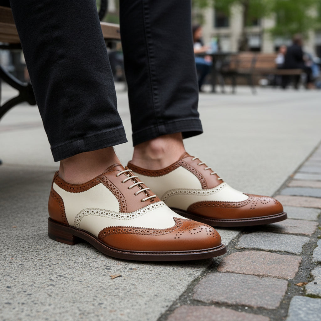 model-sitting-bench - Men's Brown Leather Wingtip Brogue Dress Shoes
