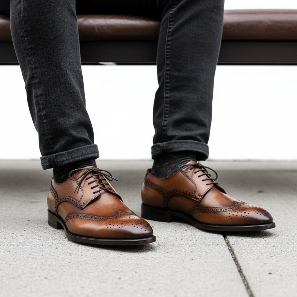 model-sitting-bench - Men's Brown Leather Wingtip Brogue Dress Shoes