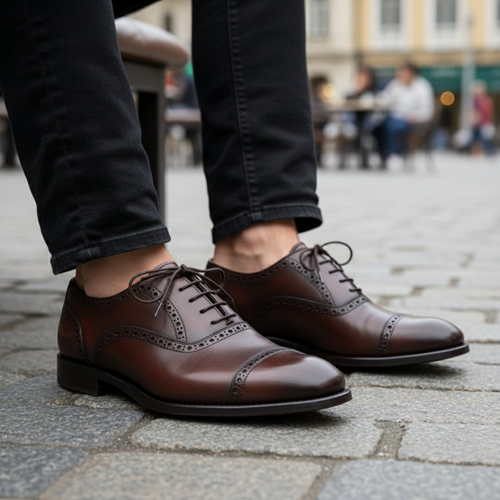 model-sitting-bench - Men's Brown Leather Wingtip Brogue Shoes