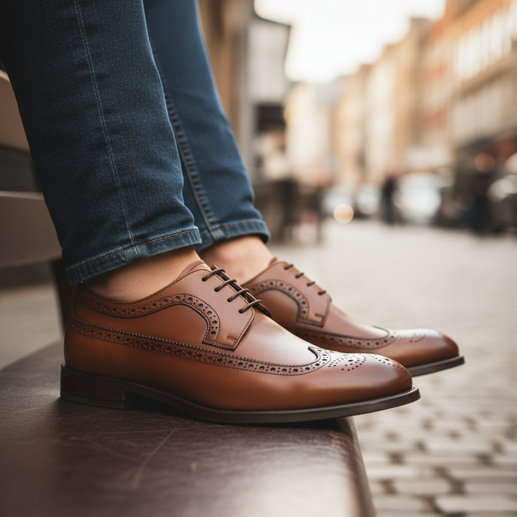 model-sitting-bench - Men's Brown Leather Wingtip Brogue Shoes