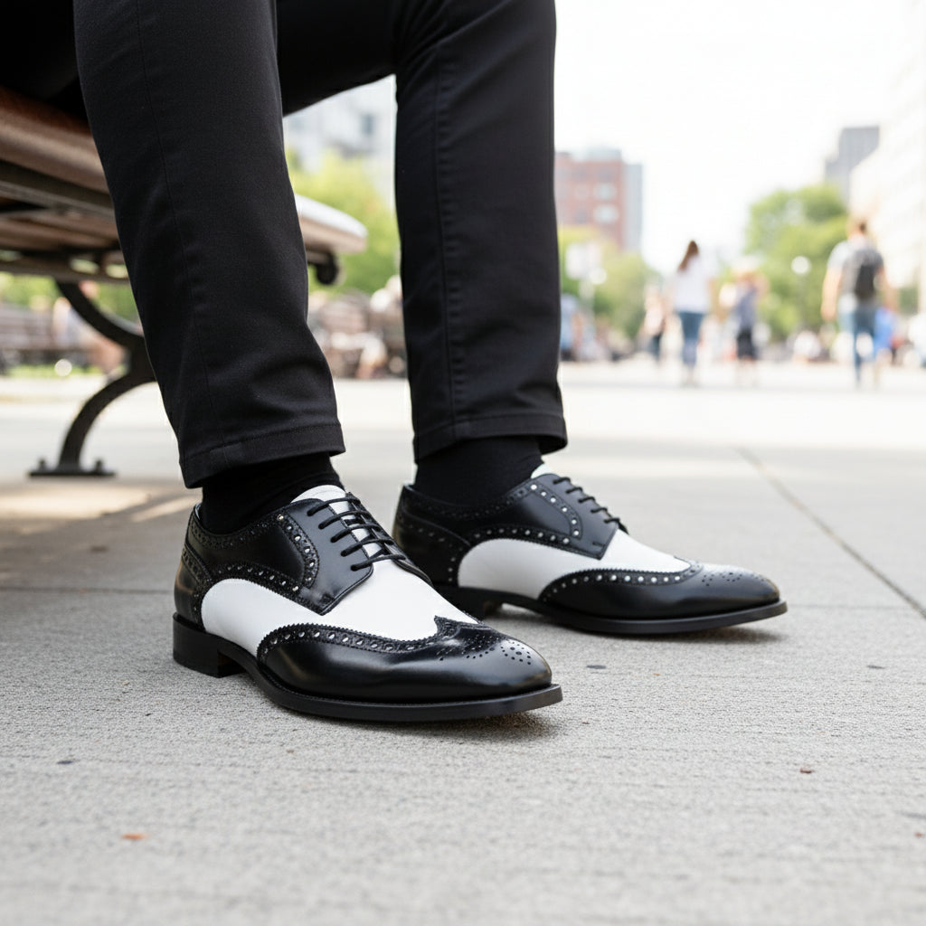 model-sitting-bench - Men's Brown Leather Wingtip Brogues