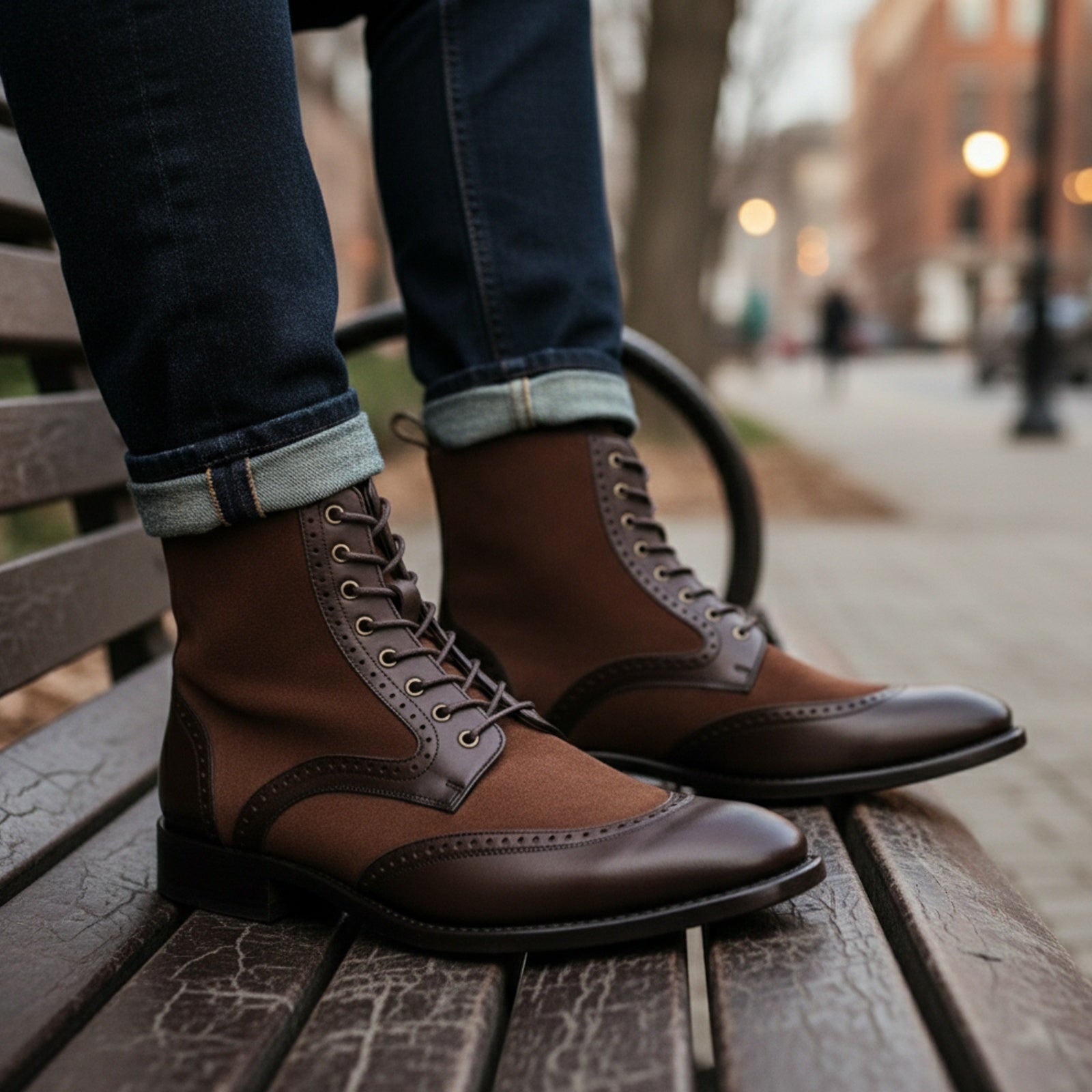 Men's Brown Leather Wingtip Lace-Up Ankle Boots - model-sitting-bench