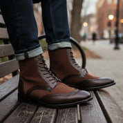 Men's Brown Leather Wingtip Lace-Up Ankle Boots - model-sitting-bench