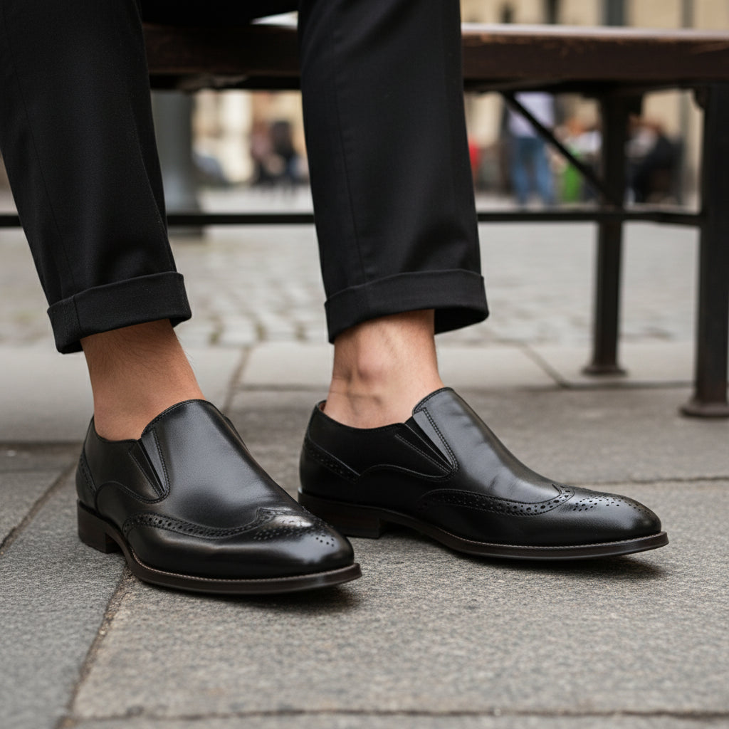 model-sitting-bench - Men's Brown Leather Wingtip Loafers