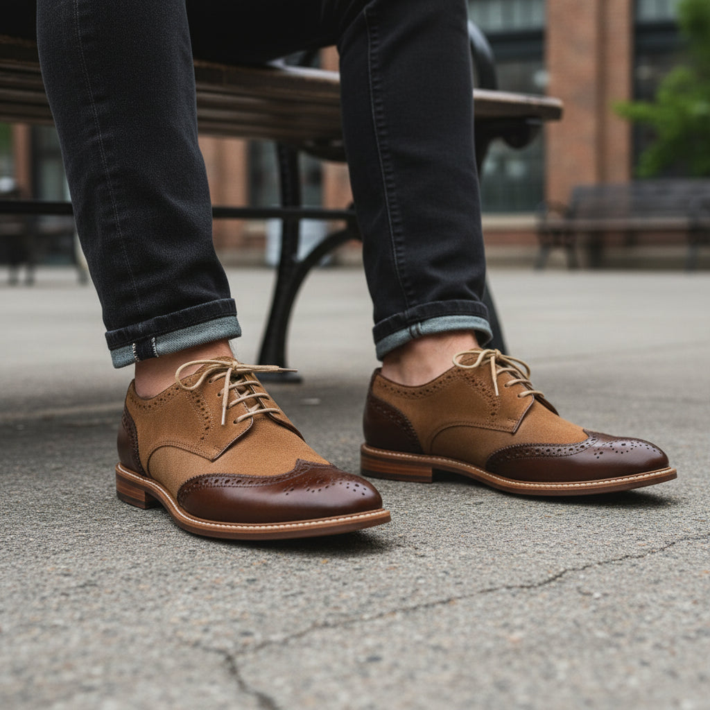 model-sitting-bench - Men's Brown Leather Wingtip Oxford Shoes