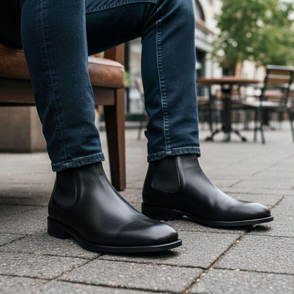 model-sitting-bench - Men's Brown Leather Zip Boots