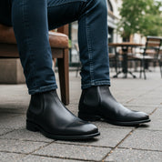 model-sitting-bench - Men's Brown Leather Zip Boots