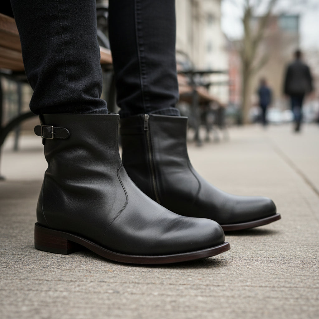 model-sitting-bench - Men's Brown Leather Zipper Ankle Boots